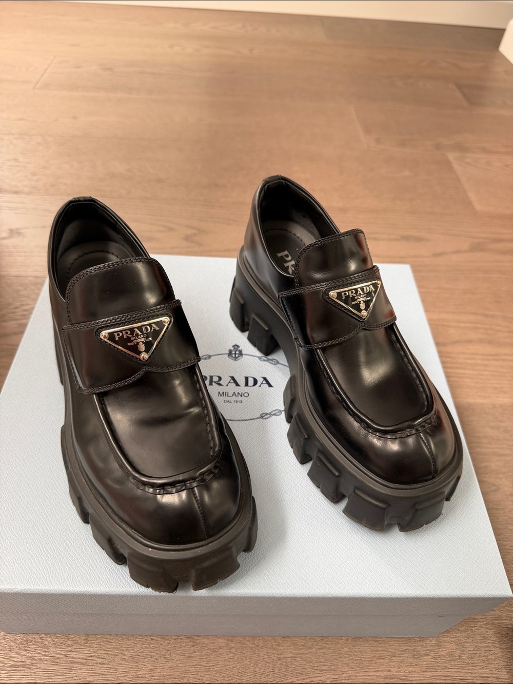Prada Black Leather Chunky Lug-Sole Slip-On Loafers size 35/ size 5